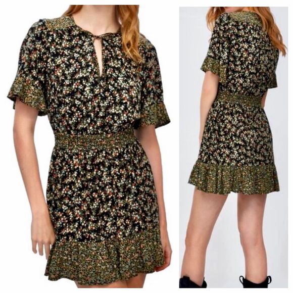 Zara Peasant Boho Black Multi Floral Tiered Ruffle Mini Sundress Tie Front Small - Picture 12 of 12